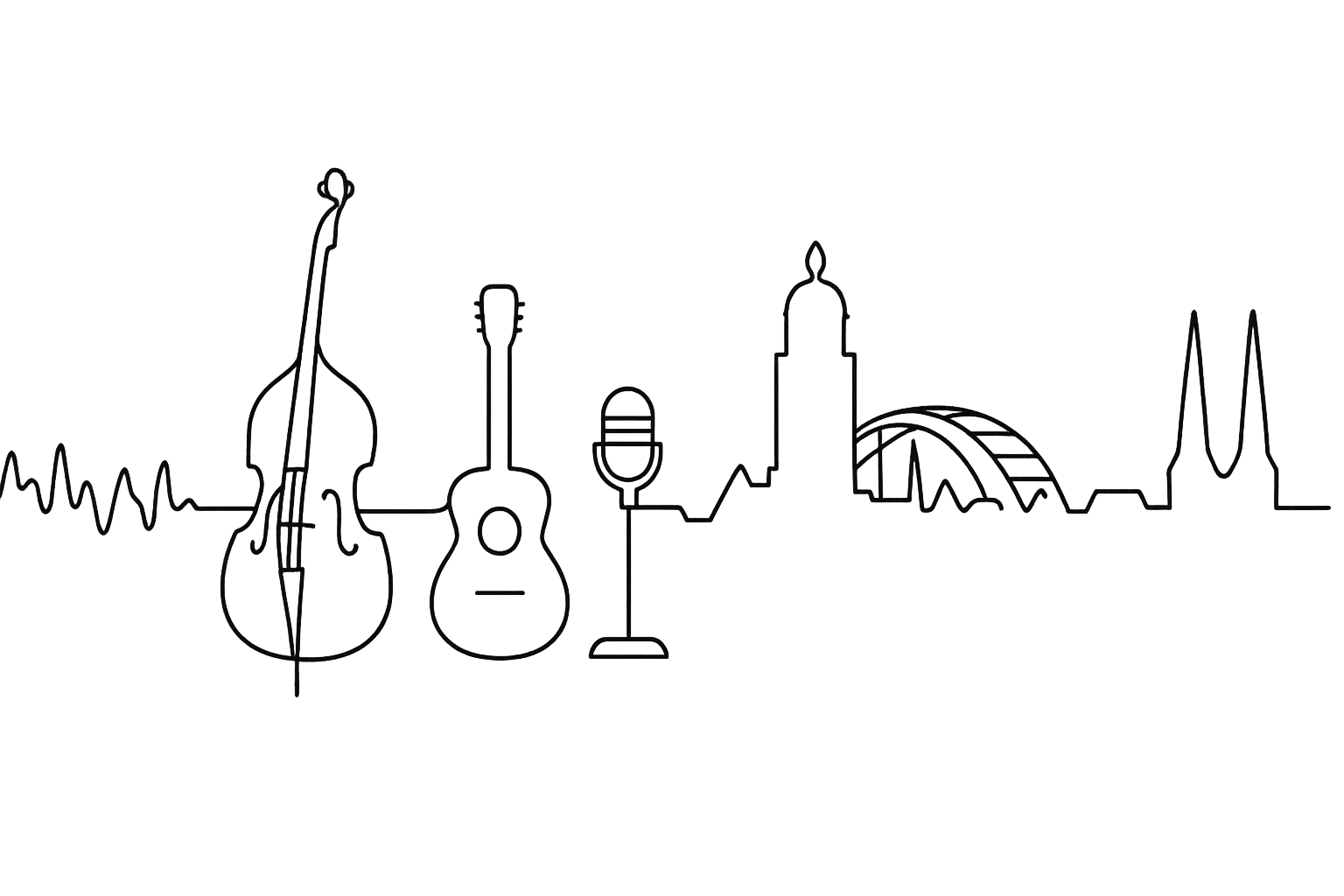 Hartslaglijn die overgaat in muziekinstrumenten en de skyline van Deventer